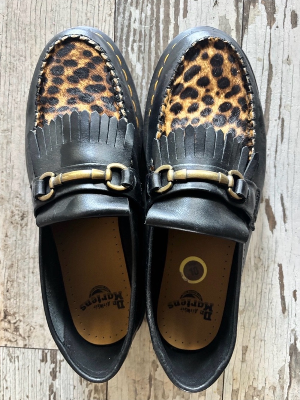 Dr. Martens Black Leather Loafers with Leopard Hair-On Vamp